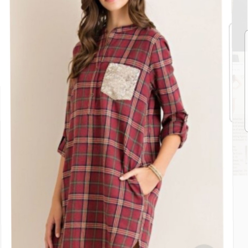 Entro red plaid shirt dress with sequin pocket